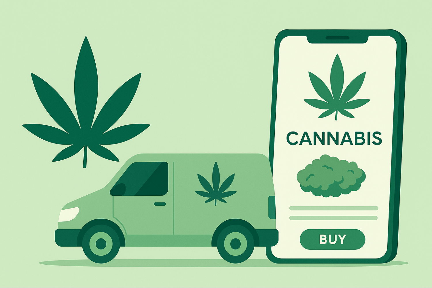 A clean, modern banner with a cannabis leaf, delivery van, and phone screen showing an online cannabis store. Style: flat design with soft shadows and green tones.