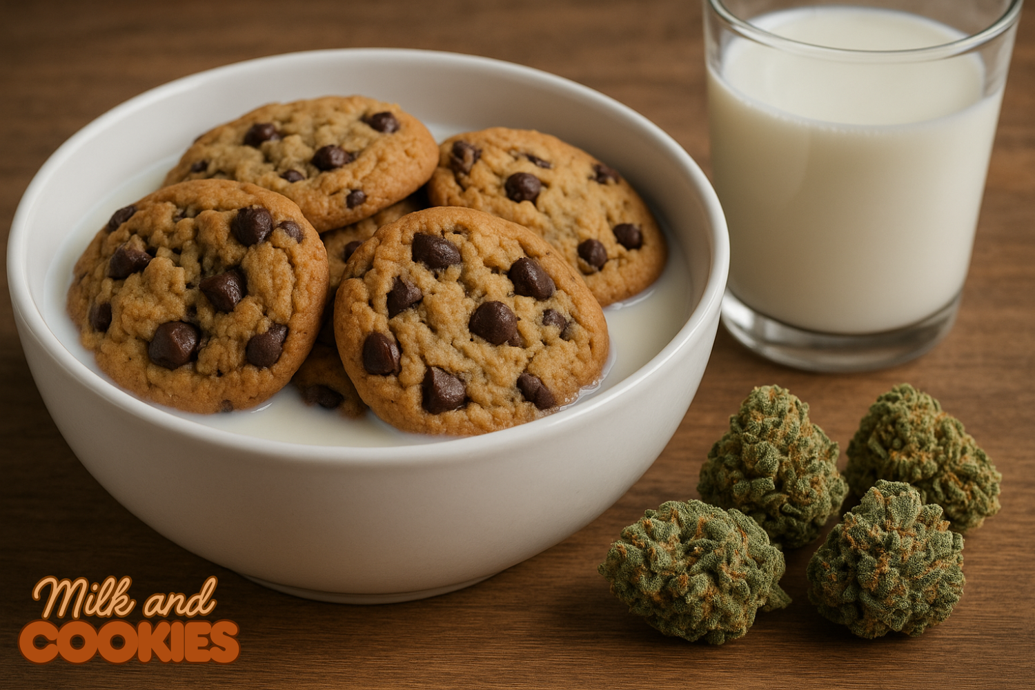A bowl of chocolate chip cookies with milk inside and milk & cookies cannabis buds.