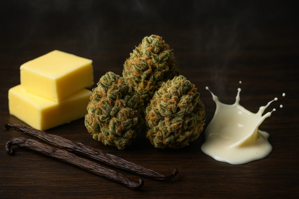 Image of butter and milk with cannabis buds in the middle