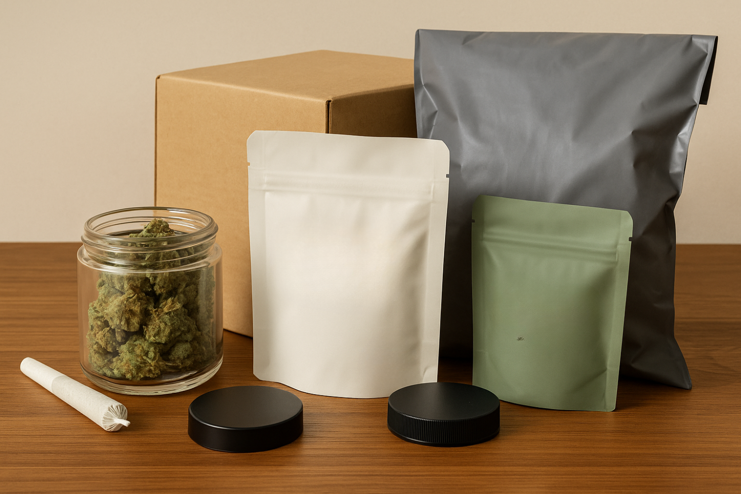 A sleek, modern flat-lay of premium cannabis products with discreet delivery packaging.