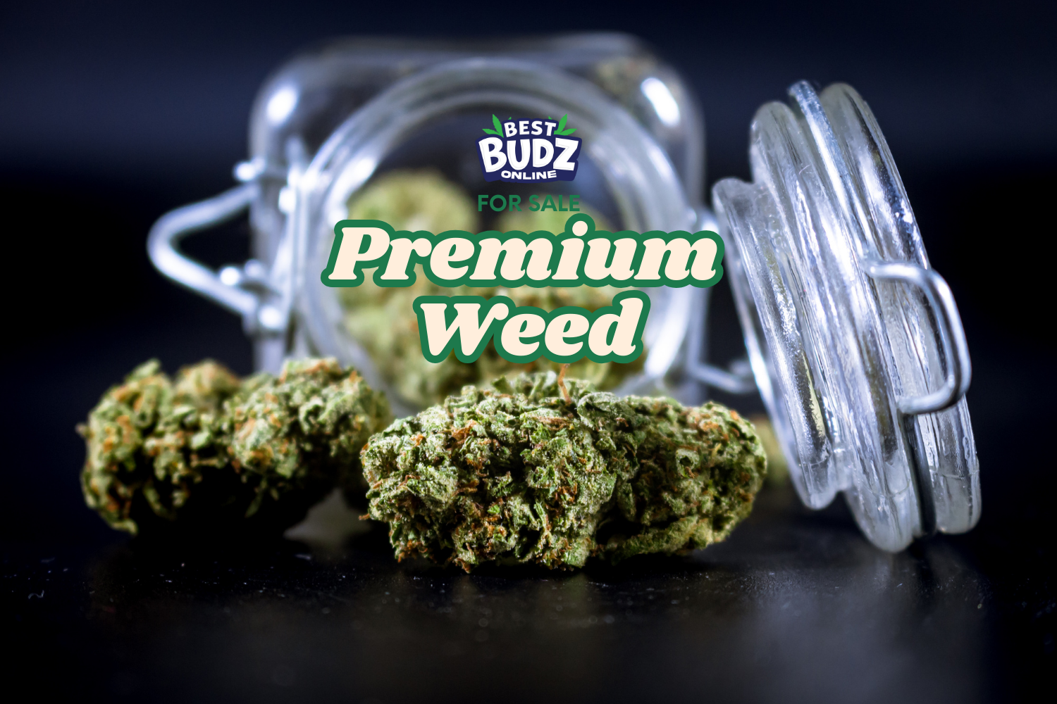 A clean, modern banner featuring high-quality cannabis flower.