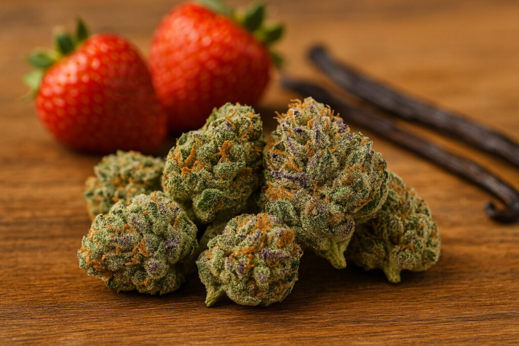 Cannabis buds on wooden surface with strawberries and vanilla bean at the back.