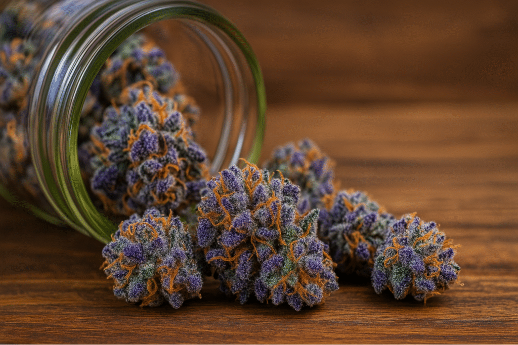 Blue cannabis spilling from a jar on a wooden surface