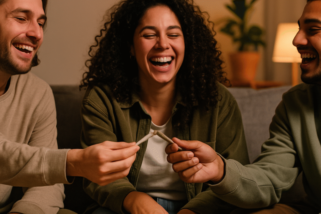 Three friends smoking a joint in a living room