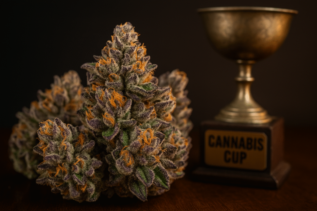 Close-up of weed flowers and a trophy saying cannabis cup in the background